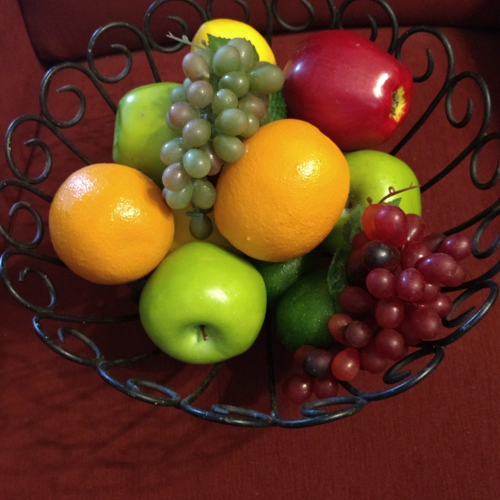 Artificial Faux Fruit with Footed Wire Basket Apples Grape Limes Lemons Oranges